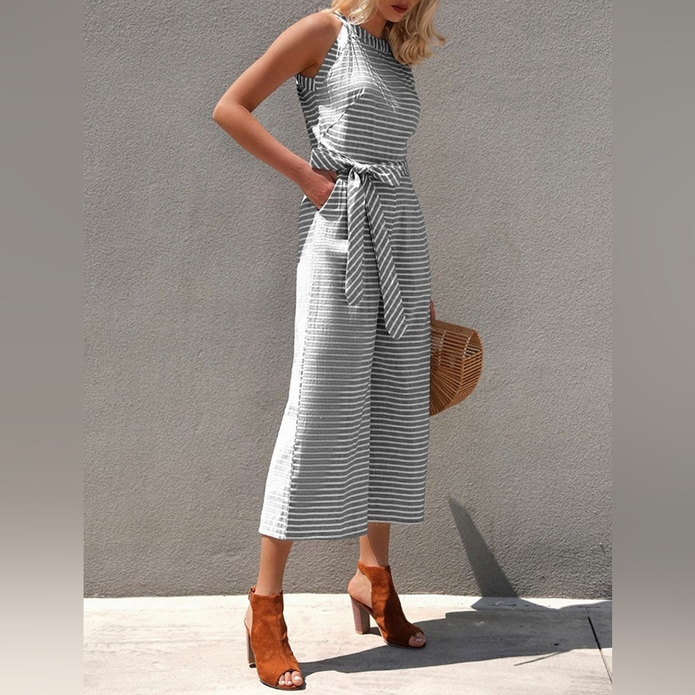 Set of 2 Halter Neck Stripe Crop Jumpsuits